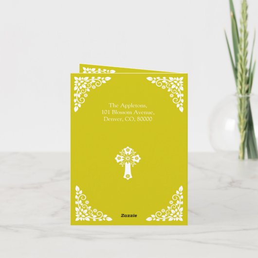 Invitation Floral Cross Christening Yellow Feestdagen Kaart (Achterkant)