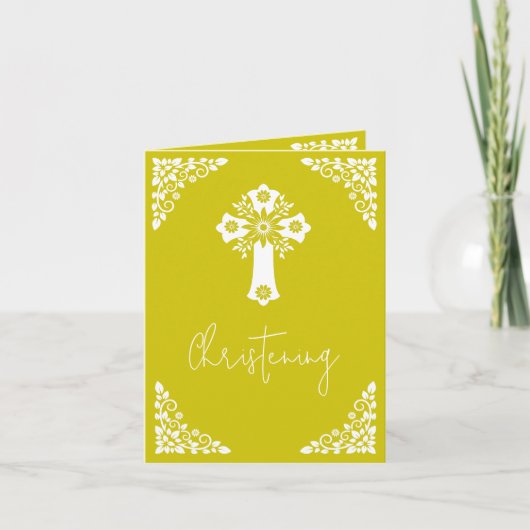 Invitation Floral Cross Christening Yellow Feestdagen Kaart (Voorkant)