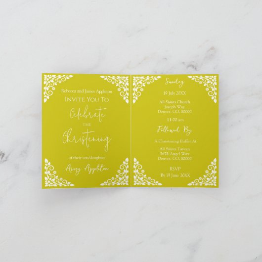 Invitation Floral Cross Christening Yellow Feestdagen Kaart (Binnen)
