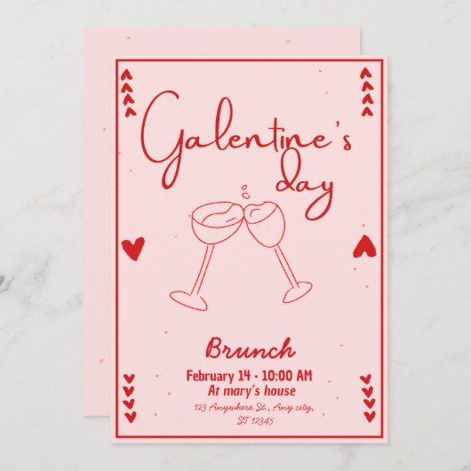 Invitation galentines day brunch red and pink kaart (Voorkant / Achterkant)