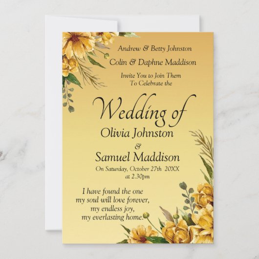 Invitation Golden Yellow Flowers Wedding Suite Kaart (Voorkant)
