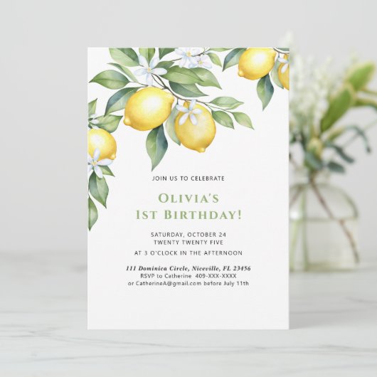 Invitation Lemon citrus 1st birthday. Kaart (Staand voorkant)