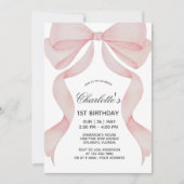 Invitation Pink Bow 1st Birthday Girl First Birthd Kaart (Voorkant)