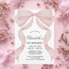 Invitation Pink Bow 1st Birthday Girl First Birthd Kaart