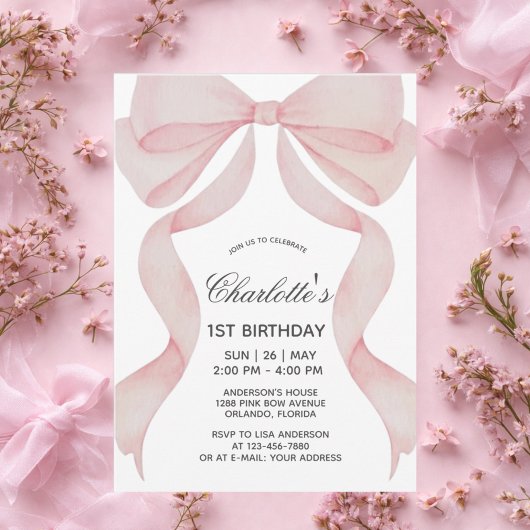 Invitation Pink Bow 1st Birthday Girl First Birthd Kaart