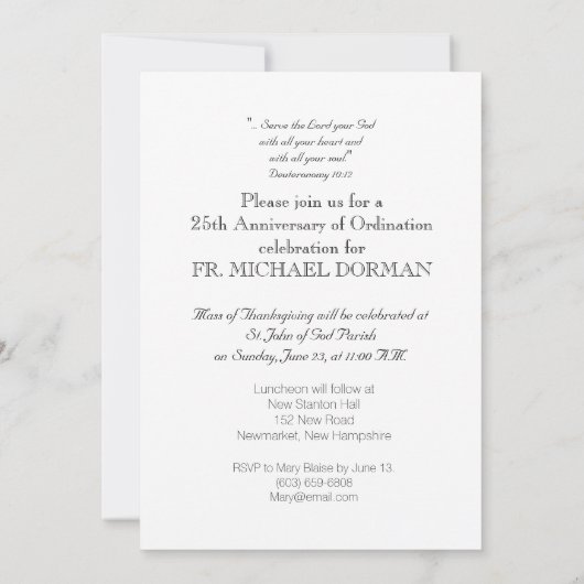 Invitation Priest 25th Ordination Anniversary Kaart (Achterkant)