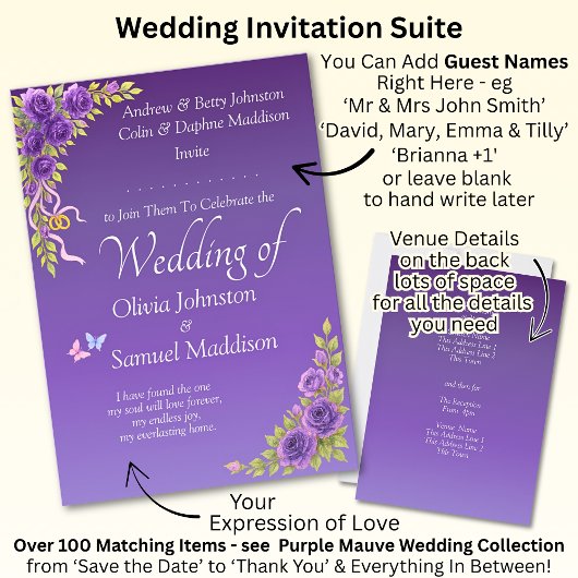 Invitation Purple Mauve Flowers & White Wedding  Kaart