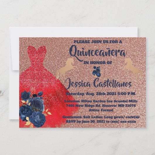 Invitation Red Gold Sparkle Dress Quinceañera Bedankkaart (Voorkant)