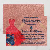 Invitation Red Gold Sparkle Dress Quinceañera Bedankkaart (Voorkant / Achterkant)