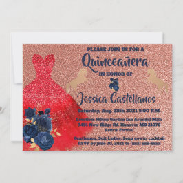 Invitation Red Gold Sparkle Dress Quinceañera Bedankkaart