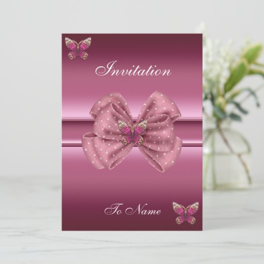 Invitation roze Butterfly Bow Kaart (Staand voorkant)