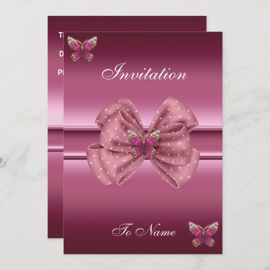 Invitation roze Butterfly Bow Kaart (Voorkant / Achterkant)