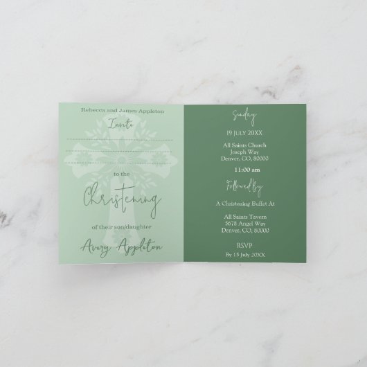 Invitation (write) Floral Cross Baptism Fern Green Feestdagen Kaart (Binnen)