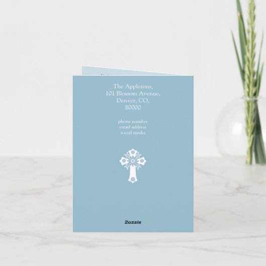 Invitation (write) Floral Cross Baptism Sky Blue Feestdagen Kaart (Achterkant)