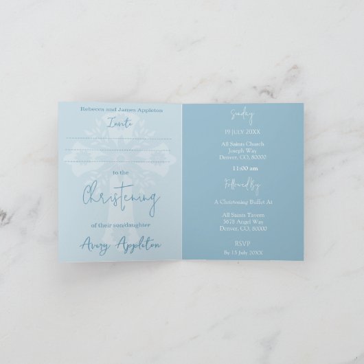 Invitation (write) Floral Cross Baptism Sky Blue Feestdagen Kaart (Binnen)