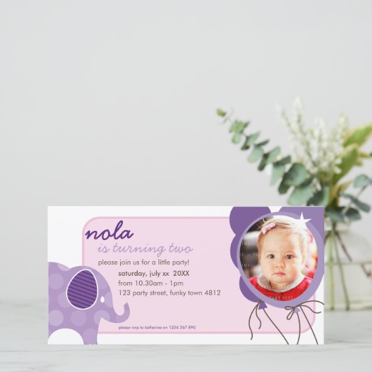 INVITE FOTOCARD: olifant + ballonnen 5 (Staand voorkant)