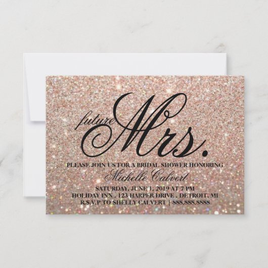 Invite-Roos Gold Glitter BridalShower Toekomst Mrs Kaart (Voorkant)
