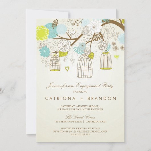 INVITE VAN BLAUW- EN GEEL-BIRDCAGES-ENGAGEMENTGROE KAART (Voorkant)