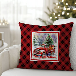 Inviting red truck winter scene rustic holiday   kussen