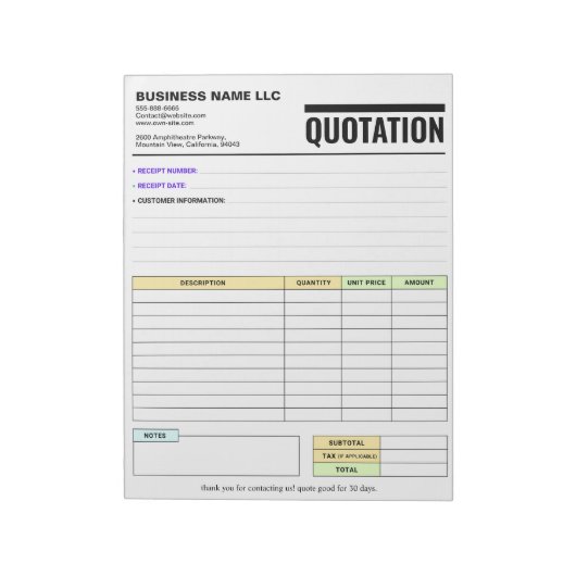 Invoice Form / Sales Receipt | Business Quotation Notitieblok (Linkerzijde)