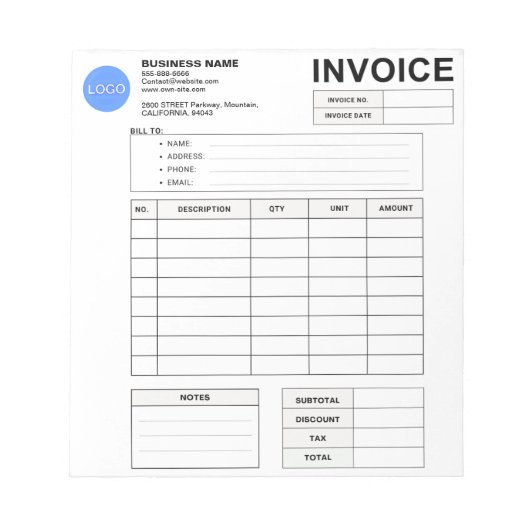 Invoice Order Form & Custom Small Business Logo Notitieblok (Voorkant)