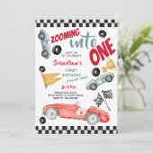 Inzoomen op een snelheid raceauto eerste verjaarda kaart (Staand voorkant)