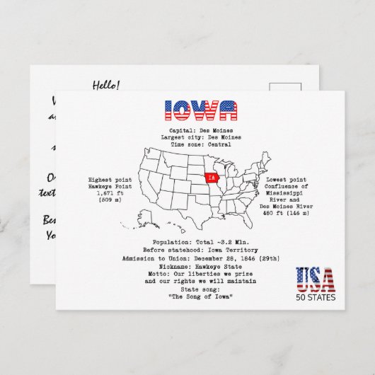 Iowa American staat op een kaart en nuttige inform (Voorkant / Achterkant)