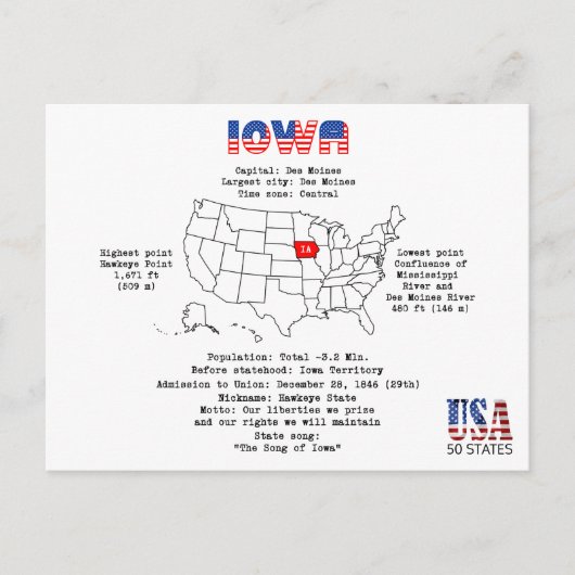 Iowa American staat op een kaart en nuttige inform (Voorkant)