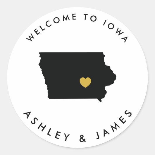 Iowa Bruiloft Welkom Sticker Label, Goud & Zwart (Voorkant)