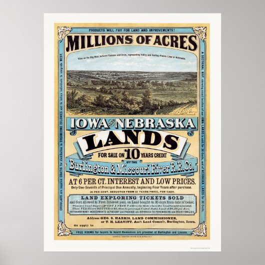 Iowa en Nebraska Land Advertisement 1872 Poster (Voorkant)