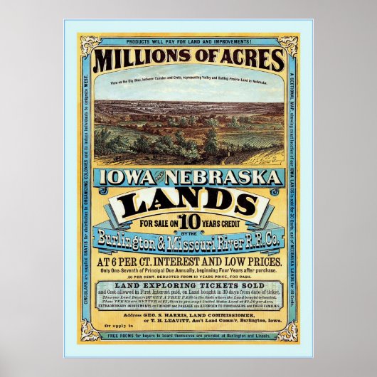 Iowa en Nebraska ~  Land Sale Adverteren. Poster (Voorkant)