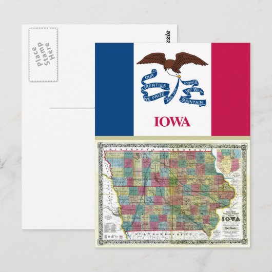 Iowa Map en Statenvlag Briefkaart (Voorkant / Achterkant)