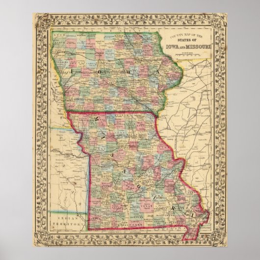 Iowa, Missouri Map door Mitchell Poster (Voorkant)