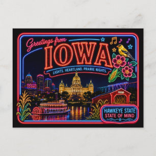 Iowa Neon Staat Retro Vintage Briefkaart