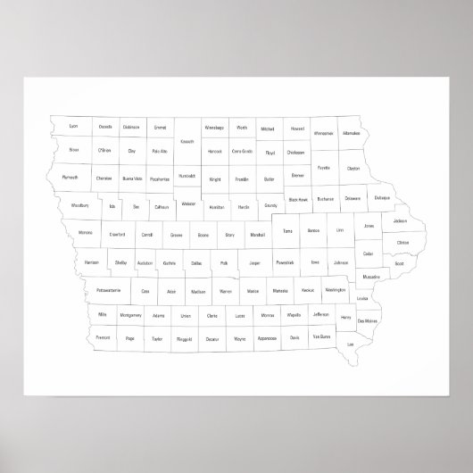 Iowa-staatskaart met contouren en namen poster (Voorkant)