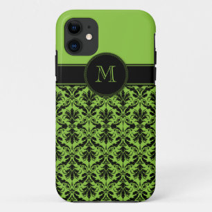 iPhone5 Lime Green Black Damask Monogram iPhone 11 Hoesje