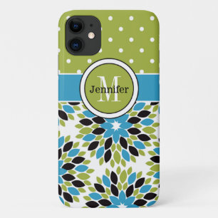 iPhone 11 Hoesje   Floral, Stippen   Blauw, groen