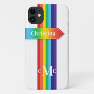iPhone 11 Hoesje Regenboogstrips met monogram
