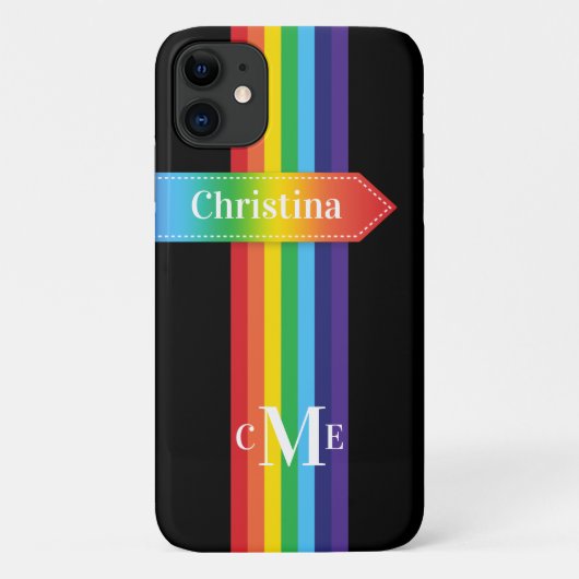 iPhone 11 Hoesje | Regenboogstrips met monogram (Achterkant)