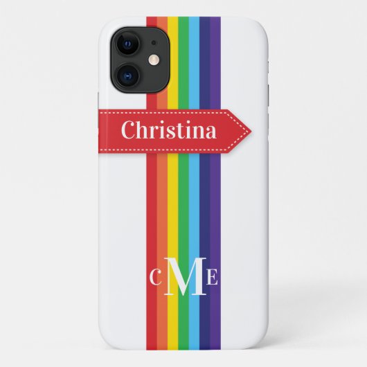 iPhone 11 Hoesje | Regenboogstrips met monogram (Achterkant)