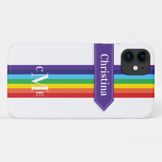iPhone 11 Hoesje | Regenboogstrips met monogram (Achterkant (horizontaal))