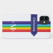 iPhone 11 Hoesje | Regenboogstrips met monogram (Achterkant (horizontaal))