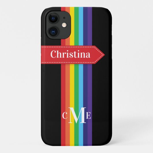 iPhone 11 Hoesje | Regenboogstrips met monogram (Achterkant)