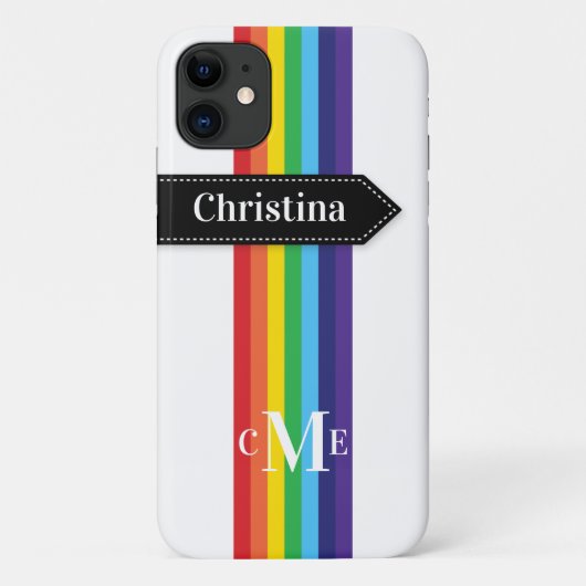 iPhone 11 Hoesje | Regenboogstrips met monogram (Achterkant)