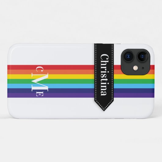 iPhone 11 Hoesje | Regenboogstrips met monogram (Achterkant (horizontaal))