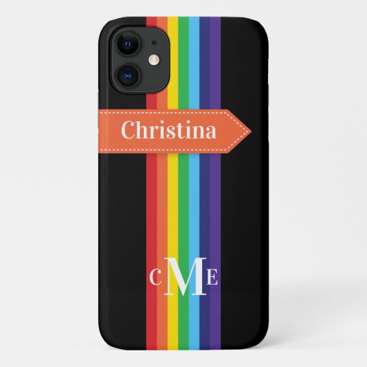 iPhone 11 Hoesje | Regenboogstrips met monogram (Achterkant)
