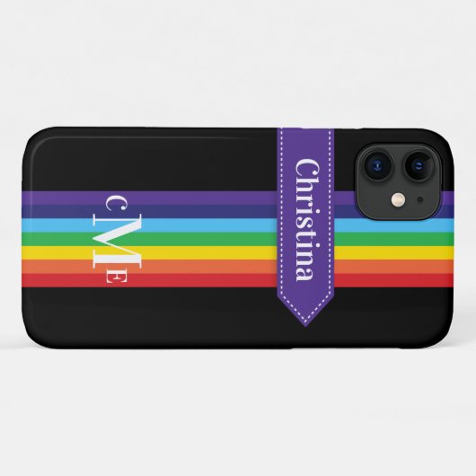 iPhone 11 Hoesje | Regenboogstrips met monogram (Achterkant (horizontaal))