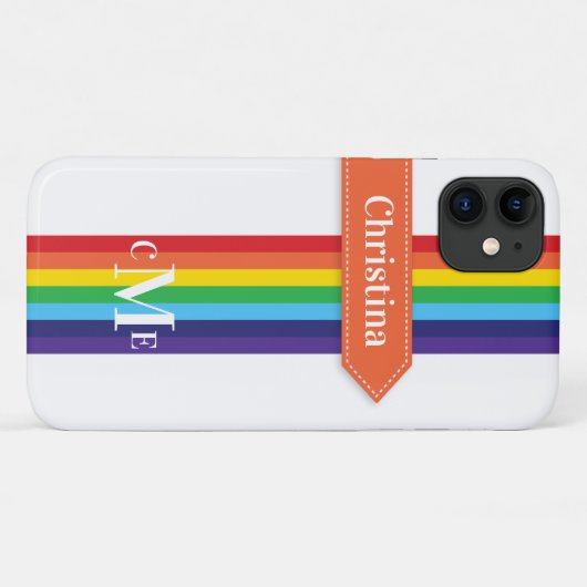 iPhone 11 Hoesje | Regenboogstrips met monogram (Achterkant (horizontaal))