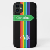 iPhone 11 Hoesje | Regenboogstrips met monogram (Achterkant)