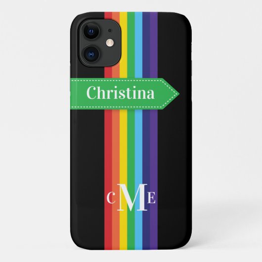 iPhone 11 Hoesje | Regenboogstrips met monogram (Achterkant)